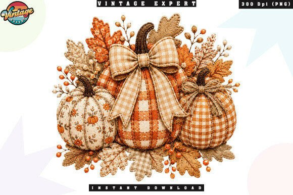 Download Cozy Fall Pumpkins and Bow Patchwork PNG - Fall Collection