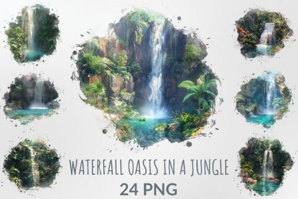 Download Watercolor Waterfall Oasis in a Jungle - Fall Collection